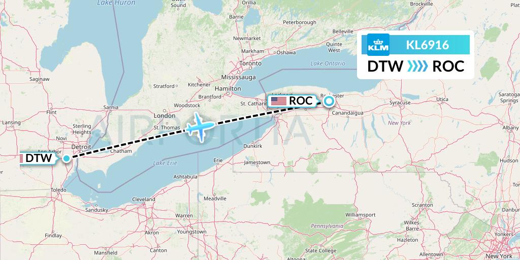 KL6916 KLM Flight Map: Detroit to Rochester