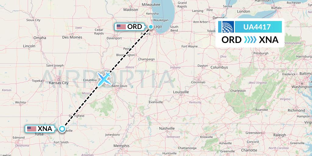 UA4417 United Airlines Flight Map: Chicago to Bentonville