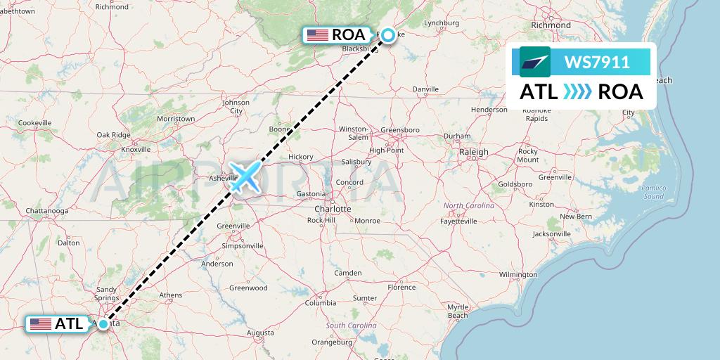 WS7911 WestJet Flight Map: Atlanta to Roanoke