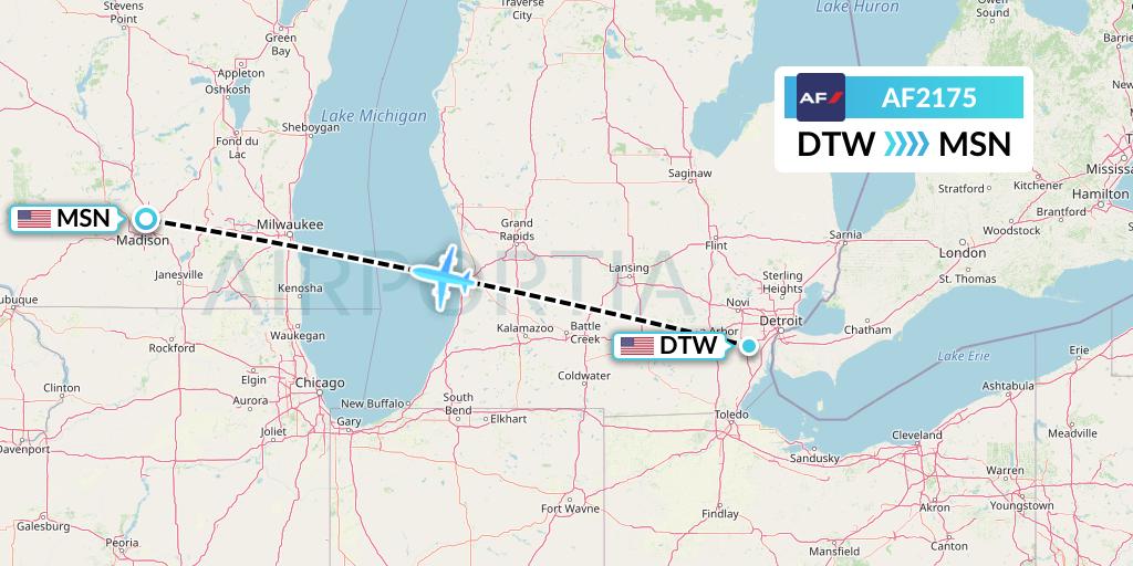 AF2175 Air France Flight Map: Detroit to Madison