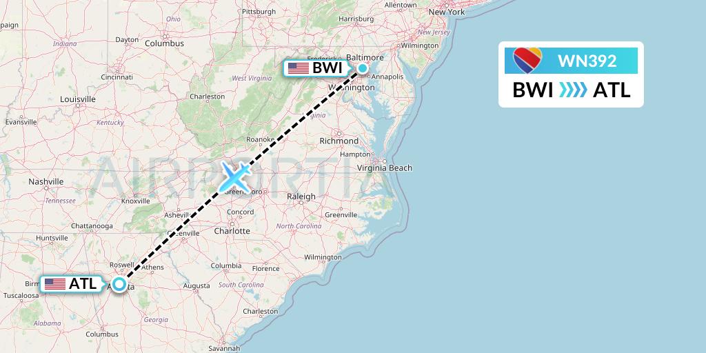 WN392 Southwest Airlines Flight Map: Baltimore to Atlanta