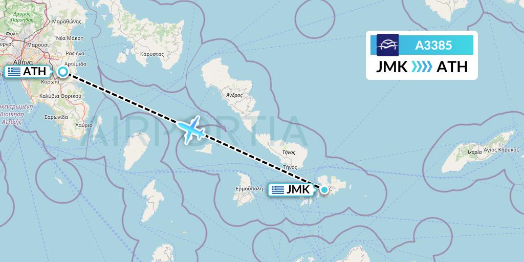 A3385 Aegean Airlines Flight Map: Mykonos to Athens