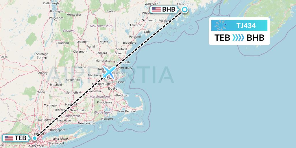 TJ434 Tradewind Aviation Flight Map: Teterboro to Bar Harbor