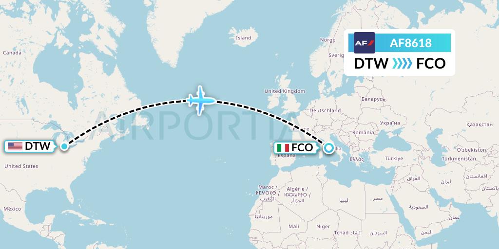 AF8618 Air France Flight Map: Detroit to Rome