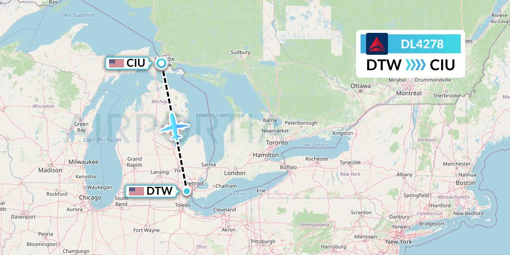 DL4278 Delta Air Lines Flight Map: Detroit to Sault Sainte Marie