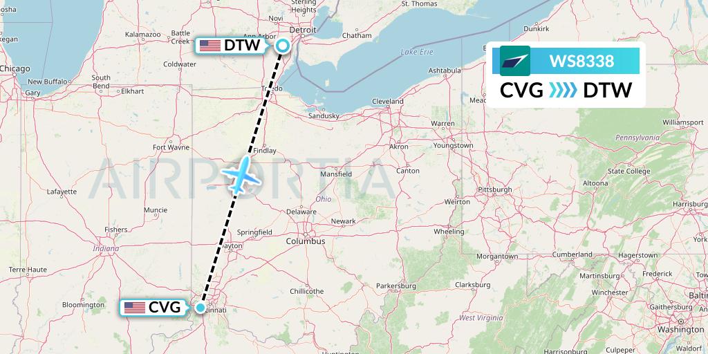 WS8338 WestJet Flight Map: Cincinnati to Detroit