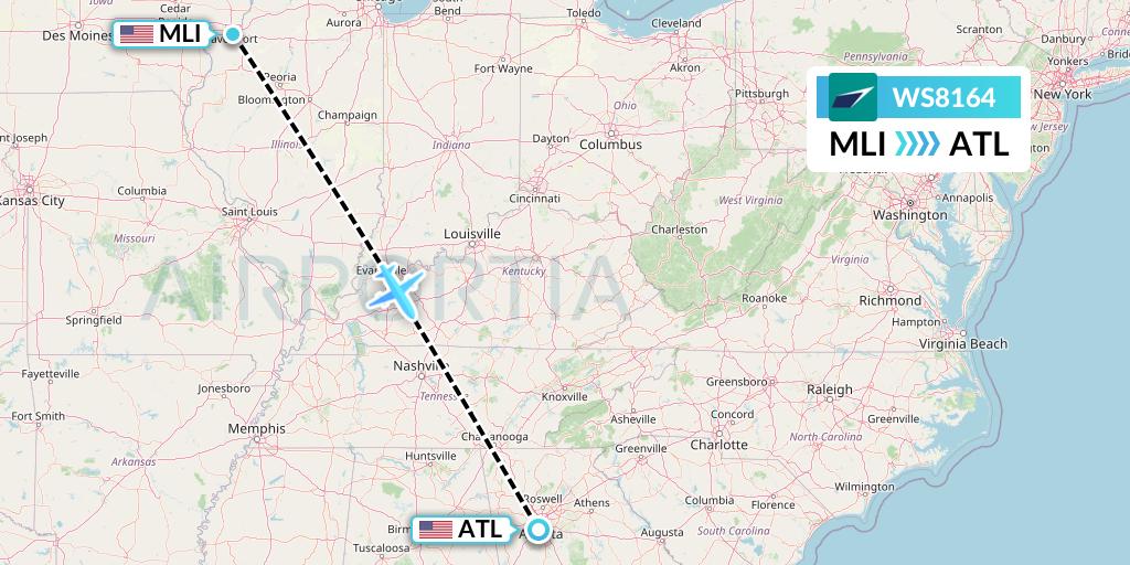 WS8164 WestJet Flight Map: Moline to Atlanta
