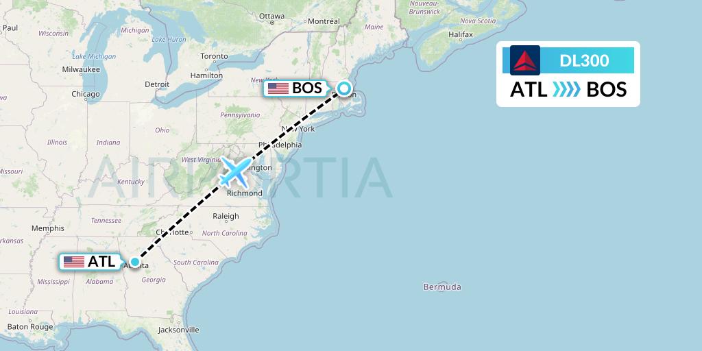 DL300 Delta Air Lines Flight Map: Atlanta to Boston