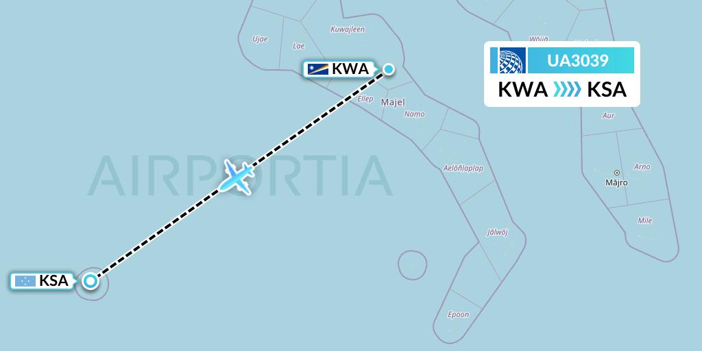 UA3039 United Airlines Flight Map: Kwajalein to Kosrae