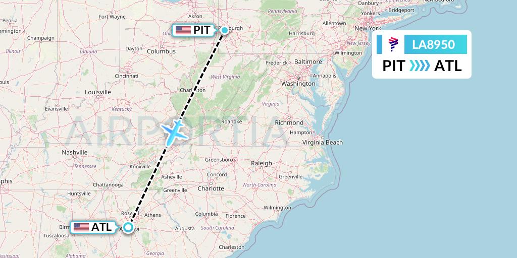 LA8950 LAN Airlines Flight Map: Pittsburgh to Atlanta