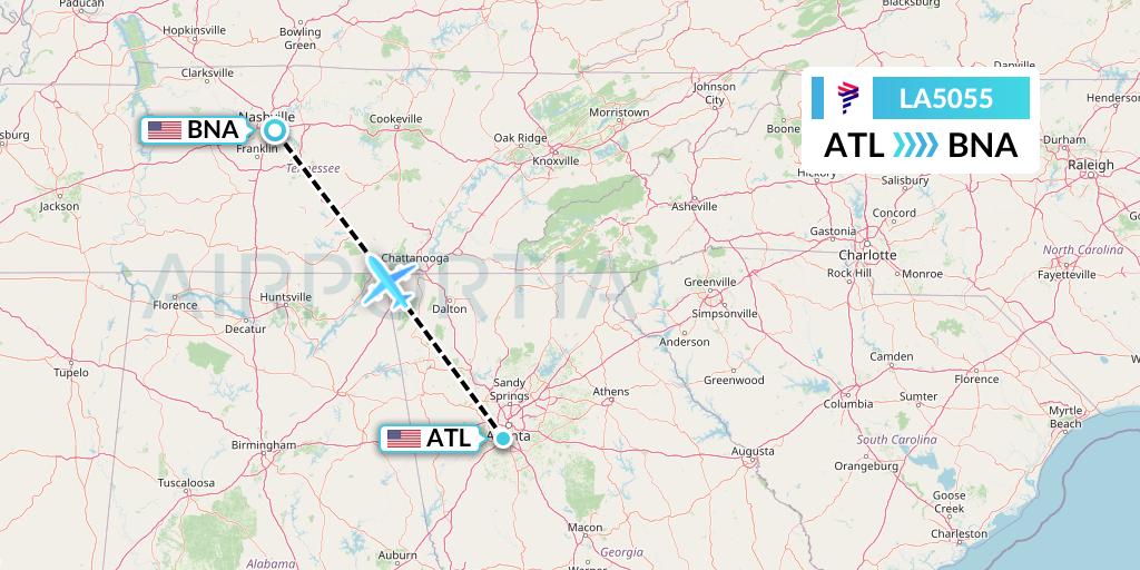 LA5055 LAN Airlines Flight Map: Atlanta to Nashville