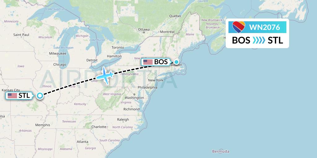 WN2076 Southwest Airlines Flight Map: Boston to St. Louis