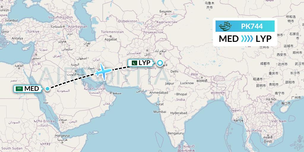 PK744 Pakistan International Airlines Flight Map: Medina to Faisalabad