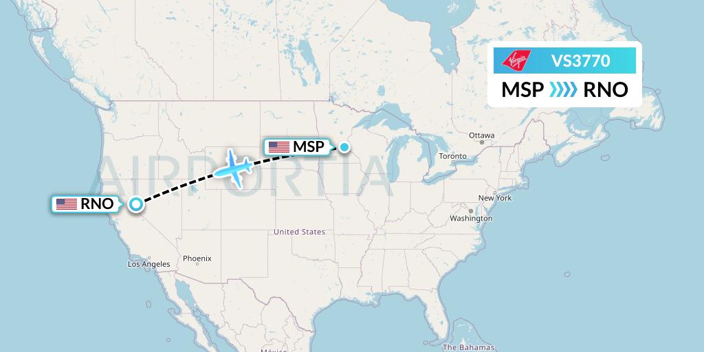 VS3770 Virgin Atlantic Airways Flight Map: Minneapolis to Reno