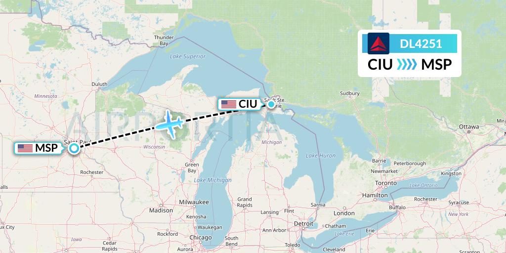 DL4251 Delta Air Lines Flight Map: Sault Sainte Marie to Minneapolis