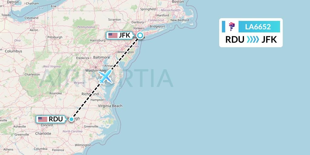 LA6652 LAN Airlines Flight Map: Raleigh-Durham to New York