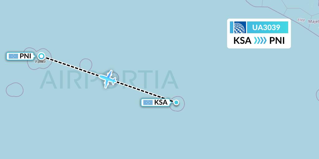 UA3039 United Airlines Flight Map: Kosrae to Pohnpei