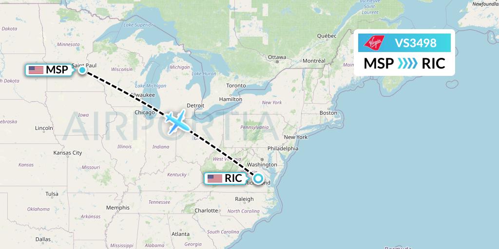 VS3498 Virgin Atlantic Airways Flight Map: Minneapolis to Richmond