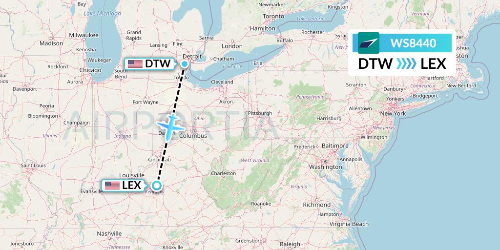 WS8440 WestJet Flight Map: Detroit to Lexington
