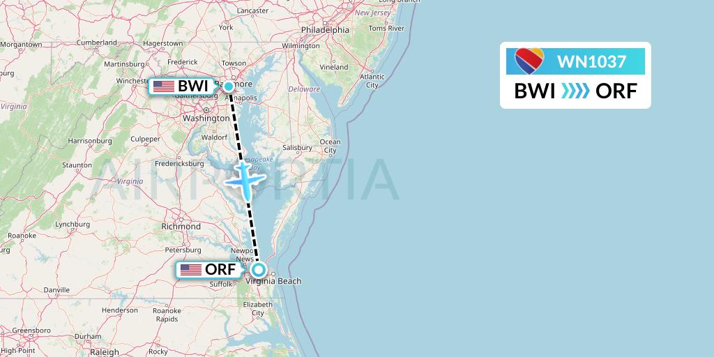 WN1037 Southwest Airlines Flight Map: Baltimore to Norfolk