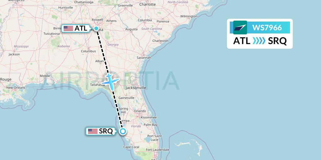WS7966 WestJet Flight Map: Atlanta to Sarasota