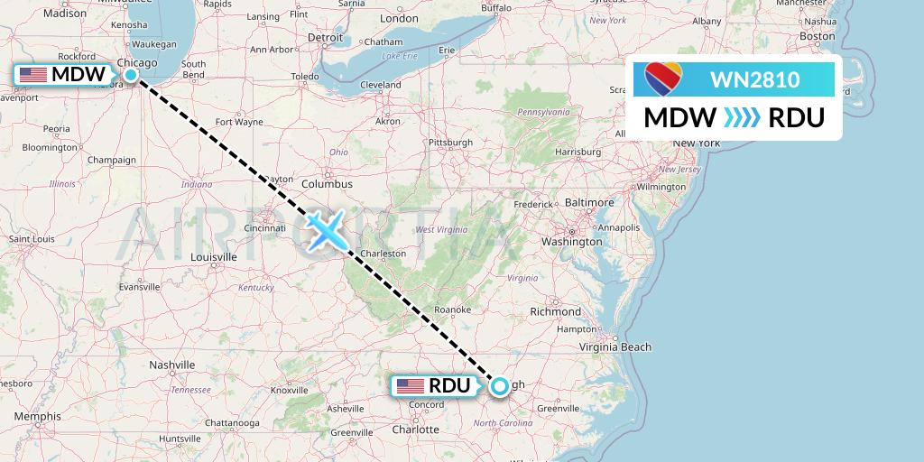 WN2810 Southwest Airlines Flight Map: Chicago to Raleigh-Durham