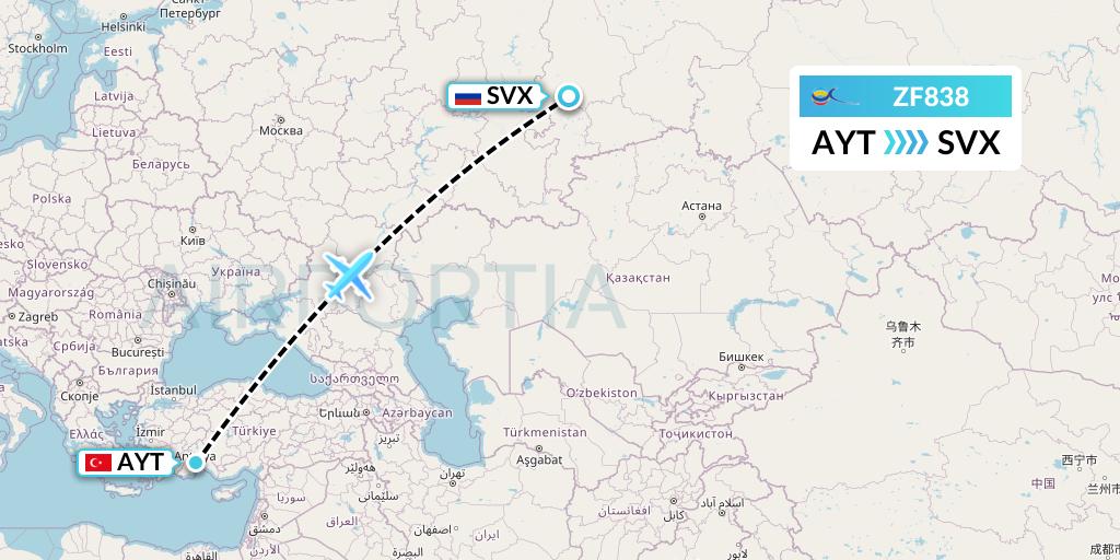 ZF838 Azur Air Flight Map: Antalya to Yekaterinburg