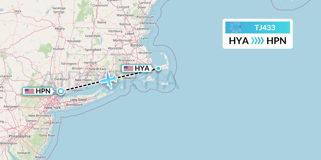 TJ433 Tradewind Aviation Flight Map: Hyannis to White Plains