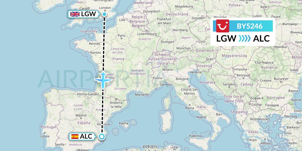 BY5246 TUI Airways Flight Map: London to Alicante