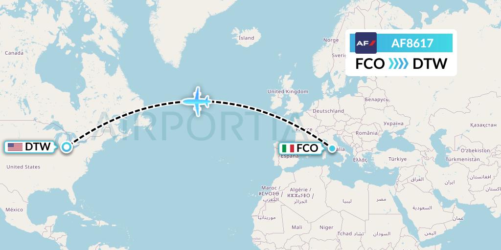 AF8617 Air France Flight Map: Rome to Detroit