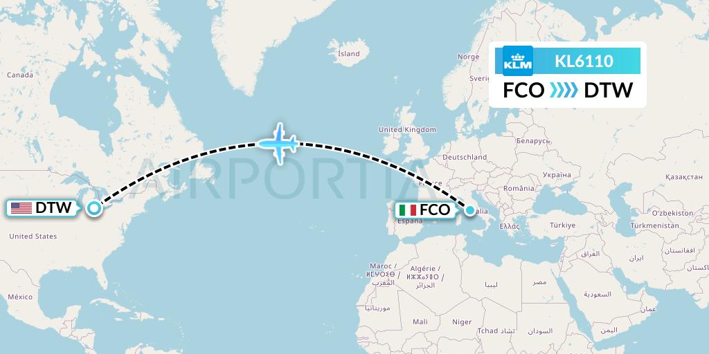 KL6110 KLM Flight Map: Rome to Detroit