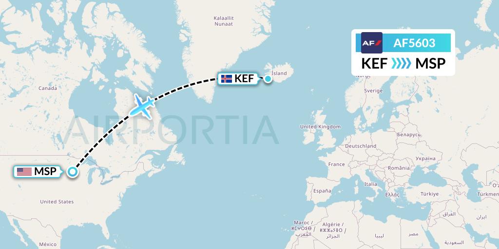 AF5603 Air France Flight Map: Reykjavik to Minneapolis