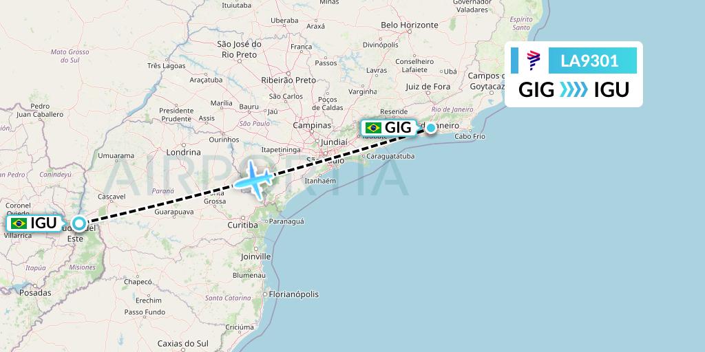 LA9301 LAN Airlines Flight Map: Rio de Janeiro to Foz do Iguacu