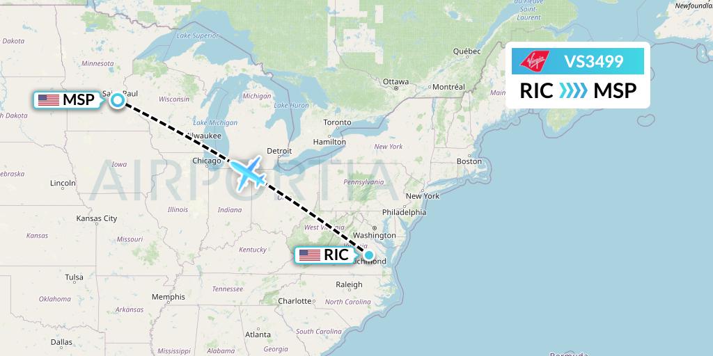 VS3499 Virgin Atlantic Airways Flight Map: Richmond to Minneapolis
