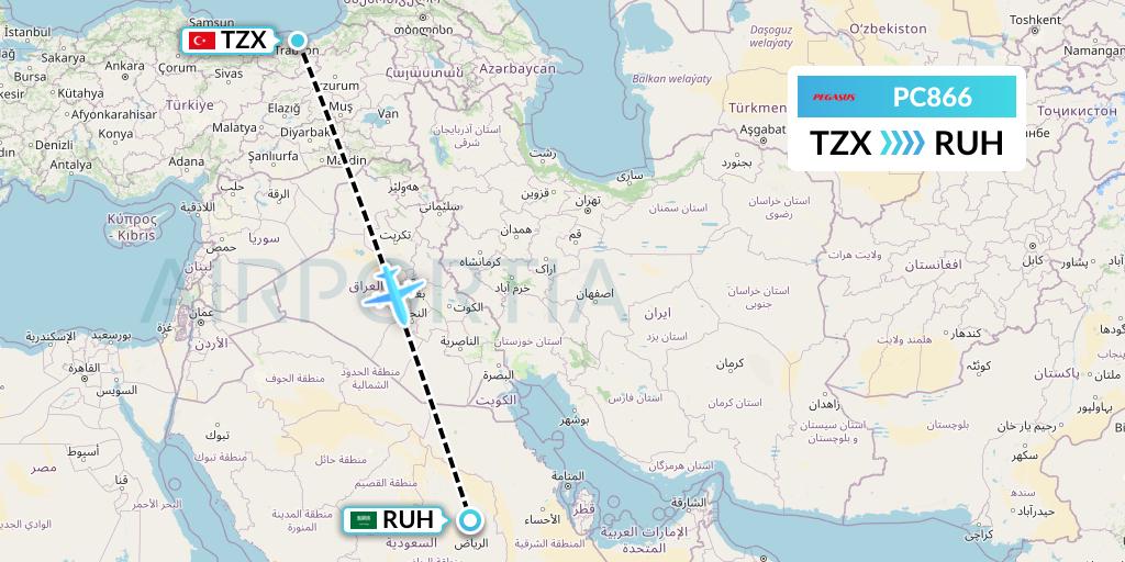 PC866 Pegasus Airlines Flight Map: Trabzon to Riyadh