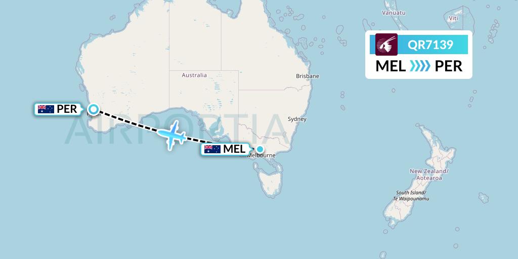 QR7139 Qatar Airways Flight Map: Melbourne to Perth