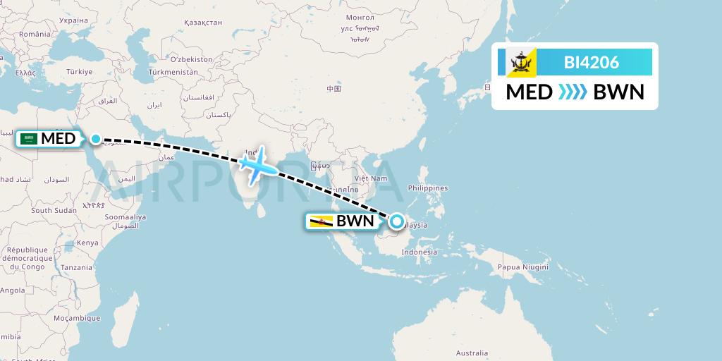 BI4206 Royal Brunei Airlines Flight Map: Medina to Brunei