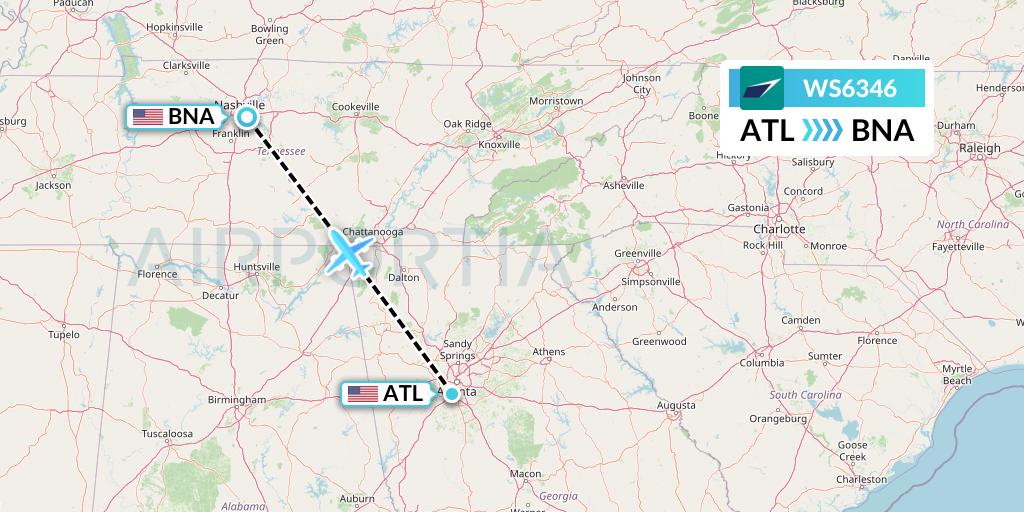 WS6346 WestJet Flight Map: Atlanta to Nashville