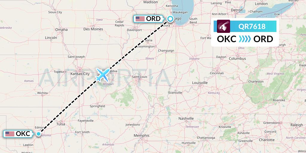 QR7618 Qatar Airways Flight Map: Oklahoma City to Chicago