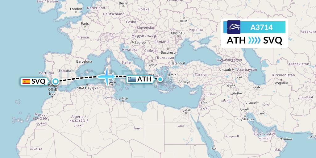 A3714 Aegean Airlines Flight Map: Athens to Seville