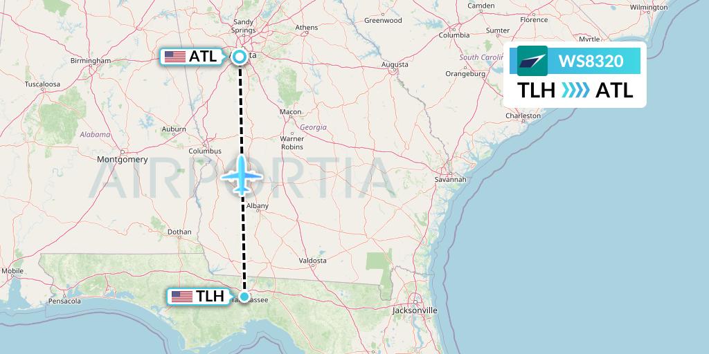 WS8320 WestJet Flight Map: Tallahassee to Atlanta