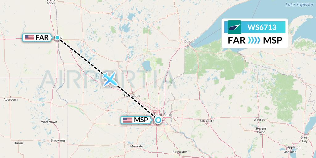 WS6713 WestJet Flight Map: Fargo to Minneapolis
