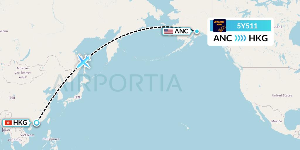 5Y511 Atlas Air Flight Map: Anchorage to Hong Kong