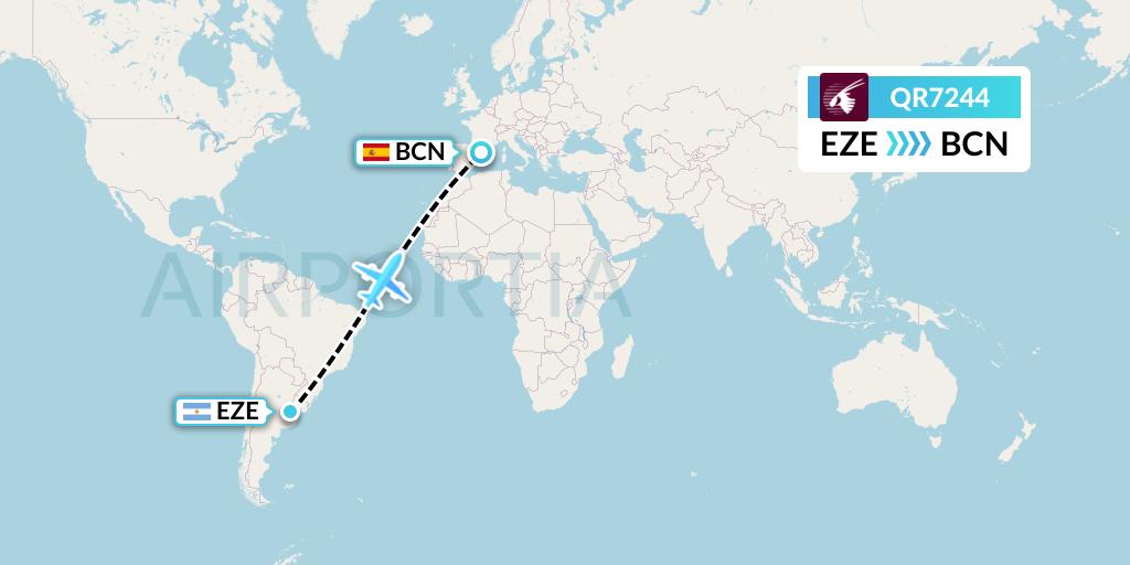 QR7244 Qatar Airways Flight Map: Buenos Aires to Barcelona