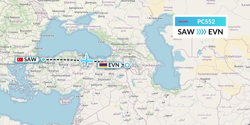 PC552 Pegasus Airlines Flight Map: Istanbul to Yerevan