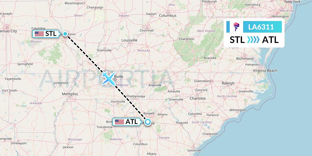 LA6311 LAN Airlines Flight Map: St. Louis to Atlanta