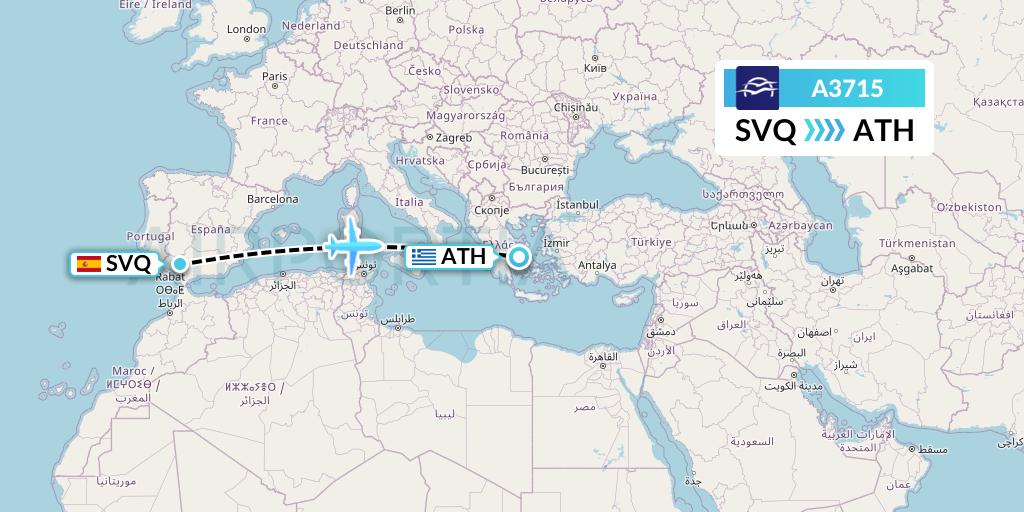 A3715 Aegean Airlines Flight Map: Seville to Athens