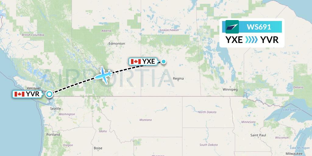 WS691 WestJet Flight Map: Saskatoon to Vancouver