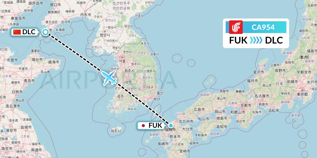 CA954 Air China Flight Map: Fukuoka to Dalian