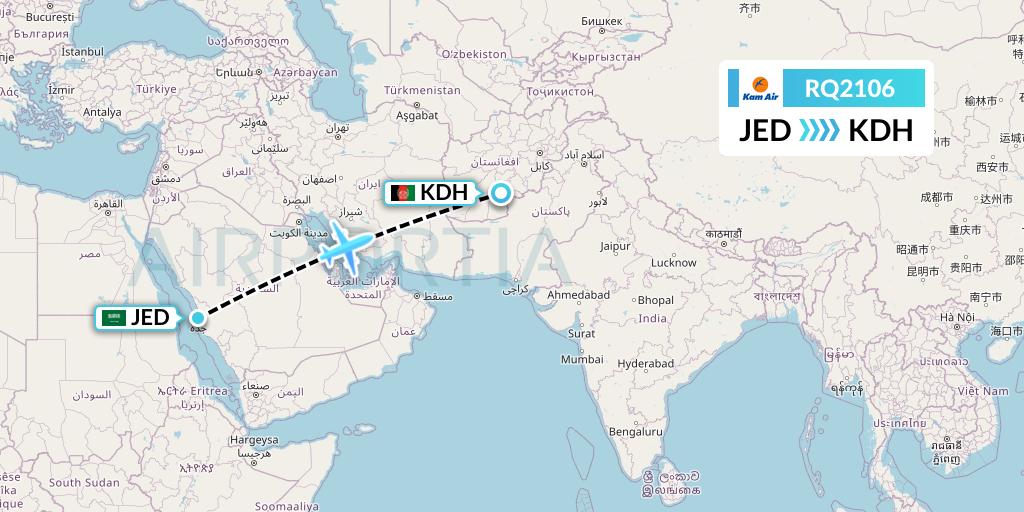 RQ2106 Kam Air Flight Map: Jeddah to Kandahar